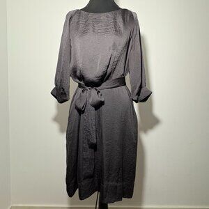 Calvin Klein Gray Satin Women's Midi Dress with Matching Belt - Size Large